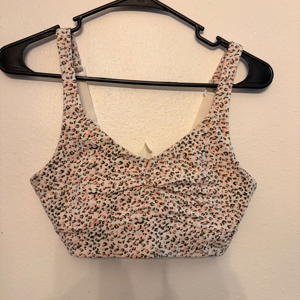Pact Crop Top Womens XS White Peach Leopard Organic Cotton  Ruched Boho